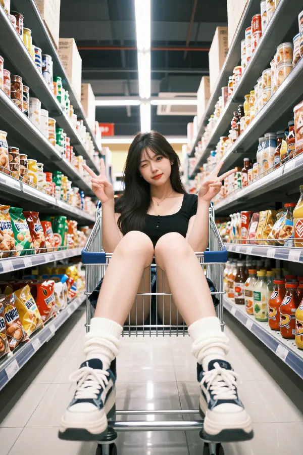 超市購物車內的俏皮女孩