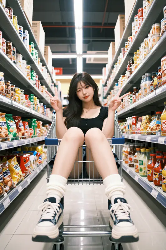 超市購物車內的俏皮女孩