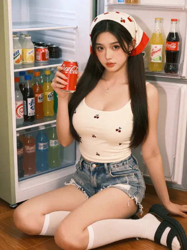 復古冰箱前的可樂女孩