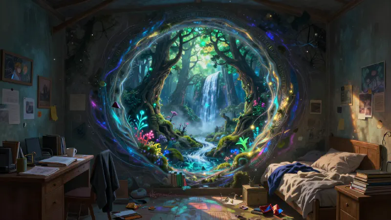 Hyperrealistic Detailed Portal and Forest in Bedroom