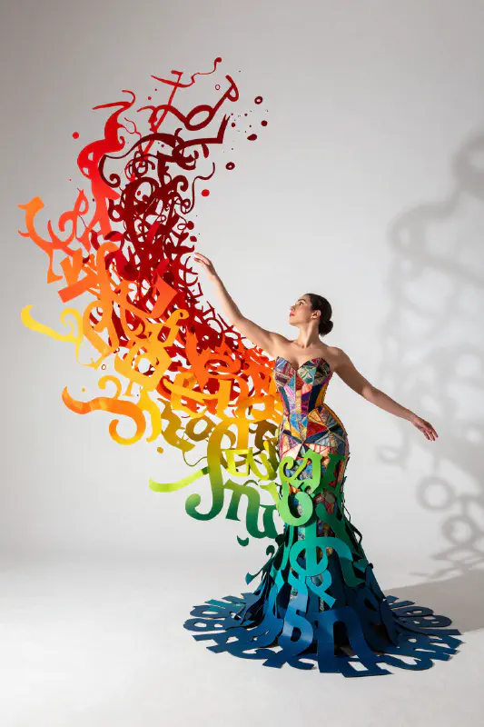 Detailed Avant-garde Gown with Calligraphy Skirt