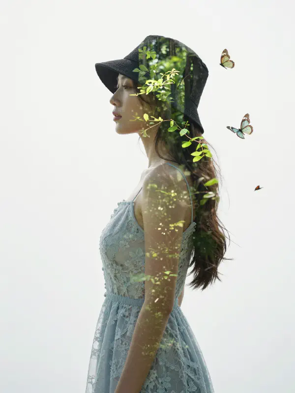 Detailed Cinematic Double Exposure with Butterflies