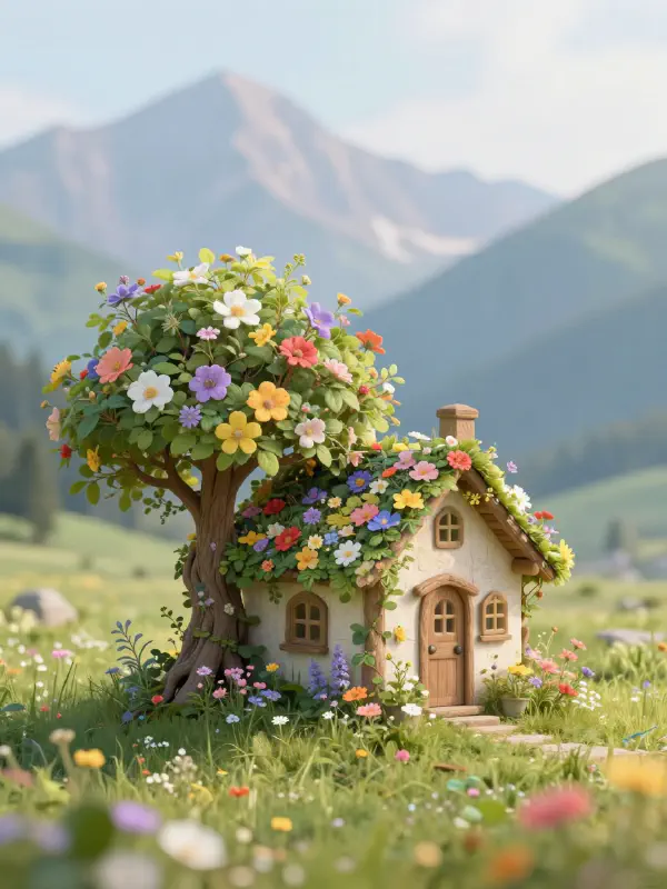 畫作風格的魔法花卉小屋