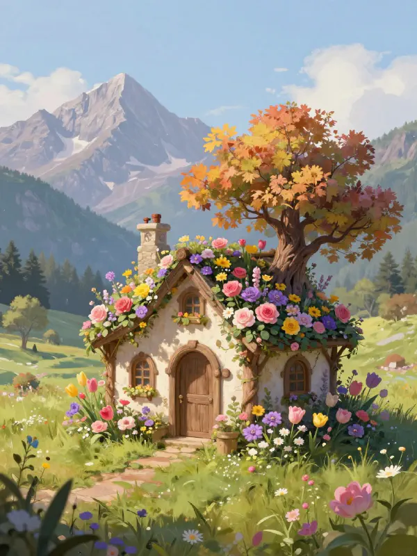 夢幻般的山景花卉小屋詳細描繪