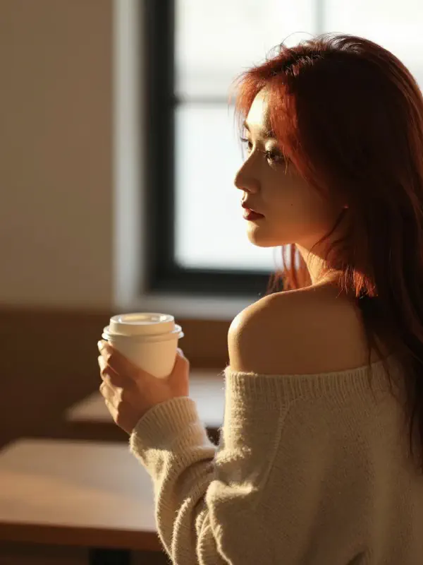 Atmospheric photography of a woman by a window, warm light.