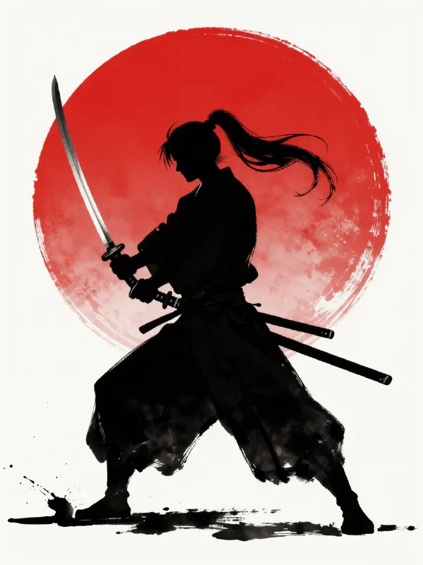 Detailed Sumi-e Warrior in Motion