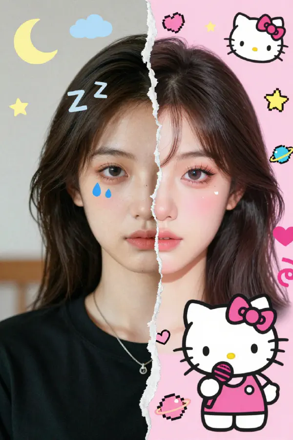 Intricate Dual-Reality Portrait: Hyper-realistic and Pop-Art Cartoon Fusion