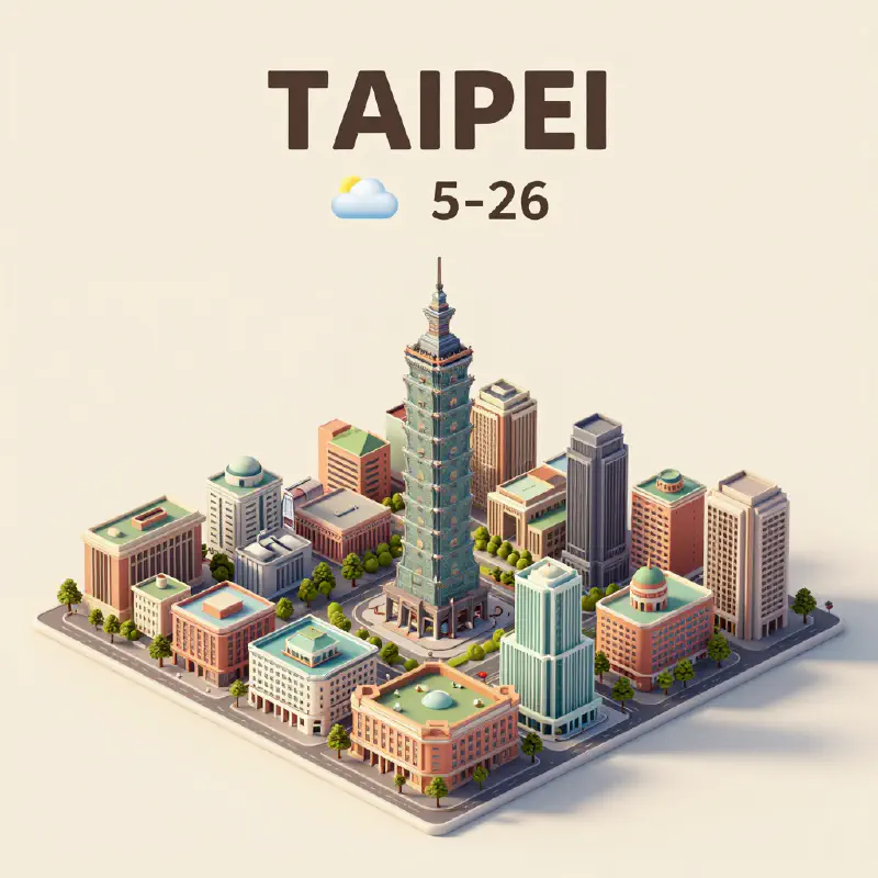 Detailed Isometric 3D Render of Miniature Taipei City with Integrated Weather Display