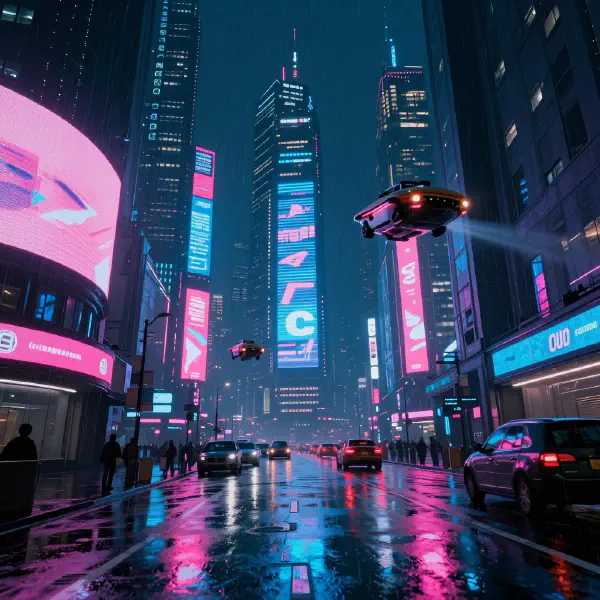 Cyberpunk city street at night