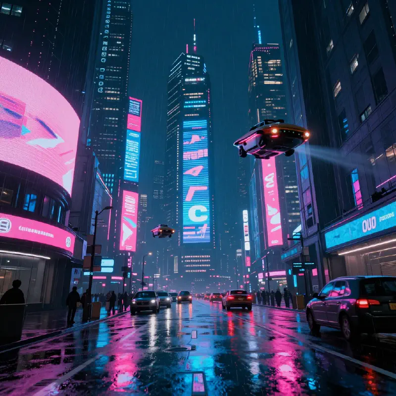 Cyberpunk city street at night