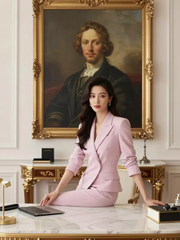時尚辦公室場景下的女性與自畫像