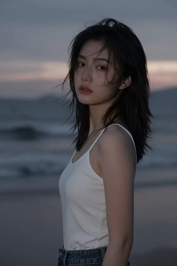 Detailed Melancholic Cinematic Portrait at Sunset Beach