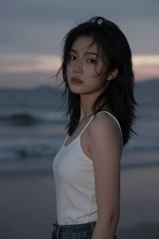 Detailed Melancholic Cinematic Portrait at Sunset Beach