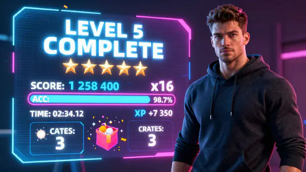 Realistic Gamer Next to Pixel-Level-Clear Stats Panel