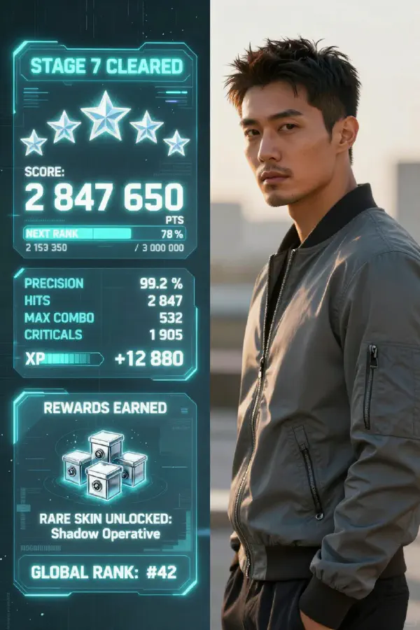 Hyper-Detailed Split-Screen: Lifelike Protagonist Beside Futuristic Victory Dashboard