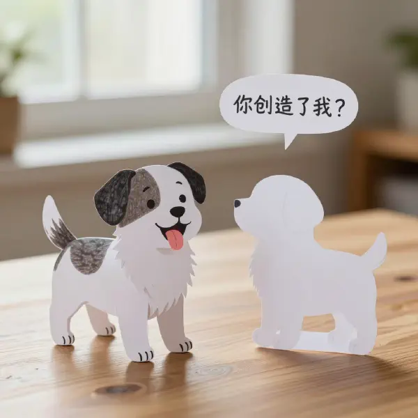 Whimsical Paper-Craft Puppy on Wooden Desk