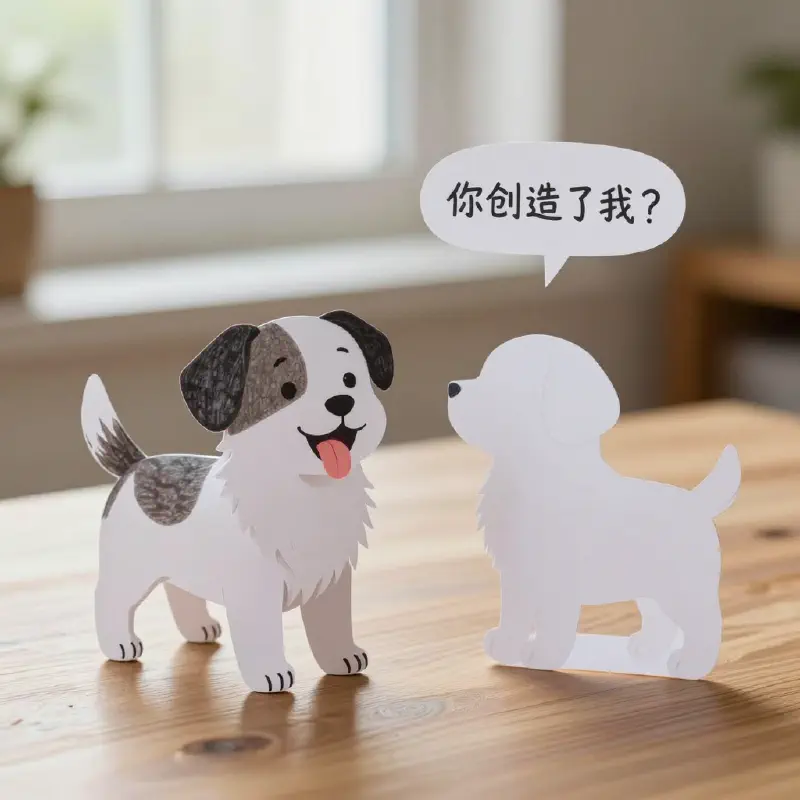 Whimsical Paper-Craft Puppy on Wooden Desk