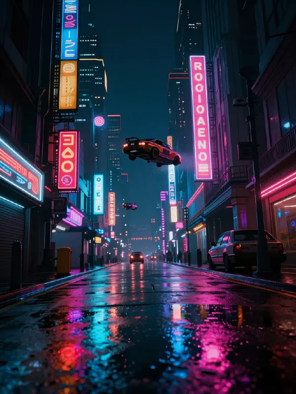 Cyberpunk city street in rain