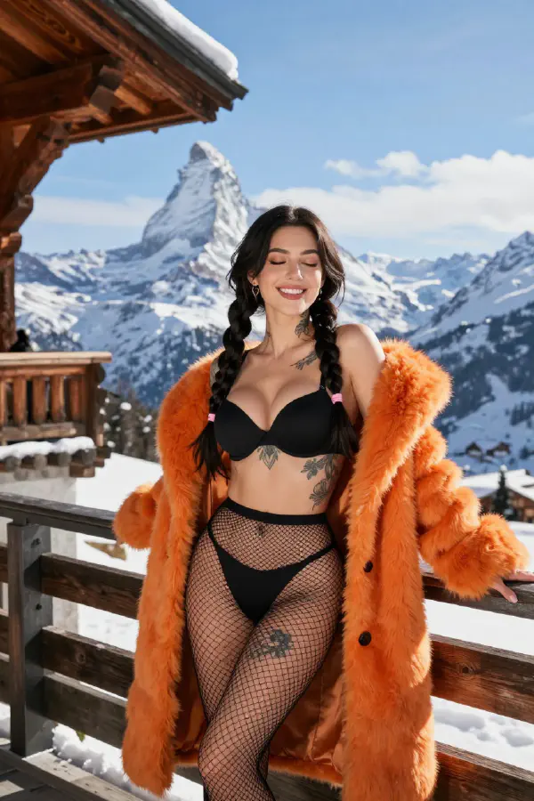 Exquisite Winter Balcony Portrait with Mountain Vista