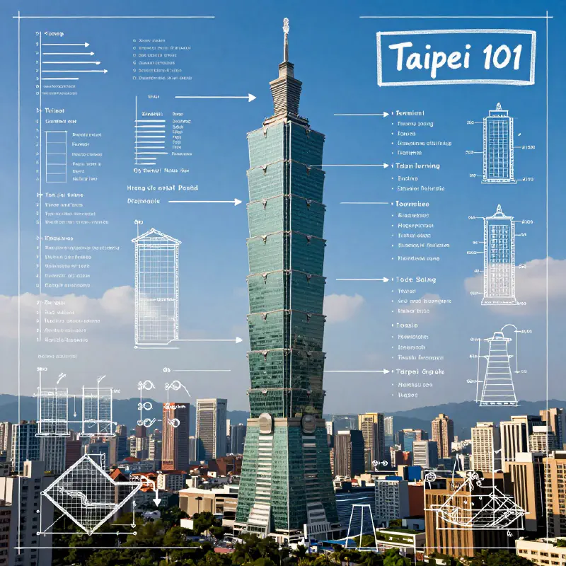 Infographic Blueprint Overlay on Taipei 101 Photo
