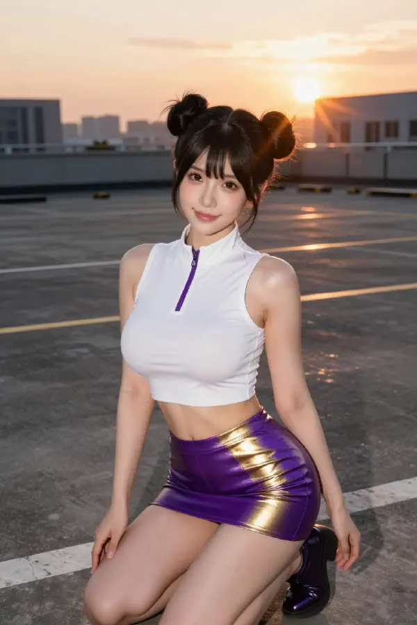極致身材與金屬紫裙的黃昏肖像