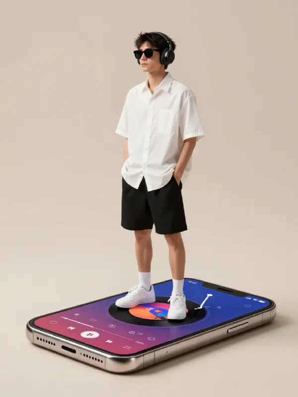 巨型手機上的音樂旅人 - 簡約風寫實藝術