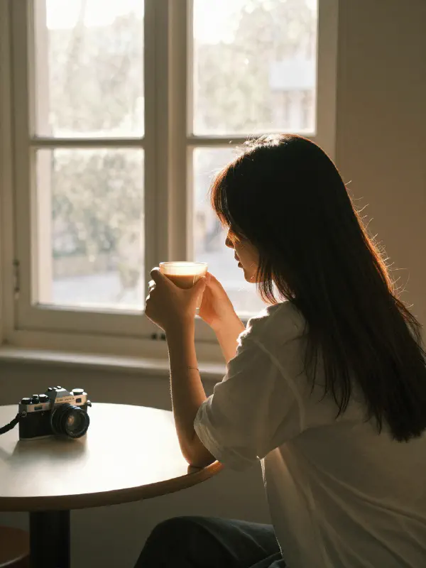 窗邊享受晨光的女孩