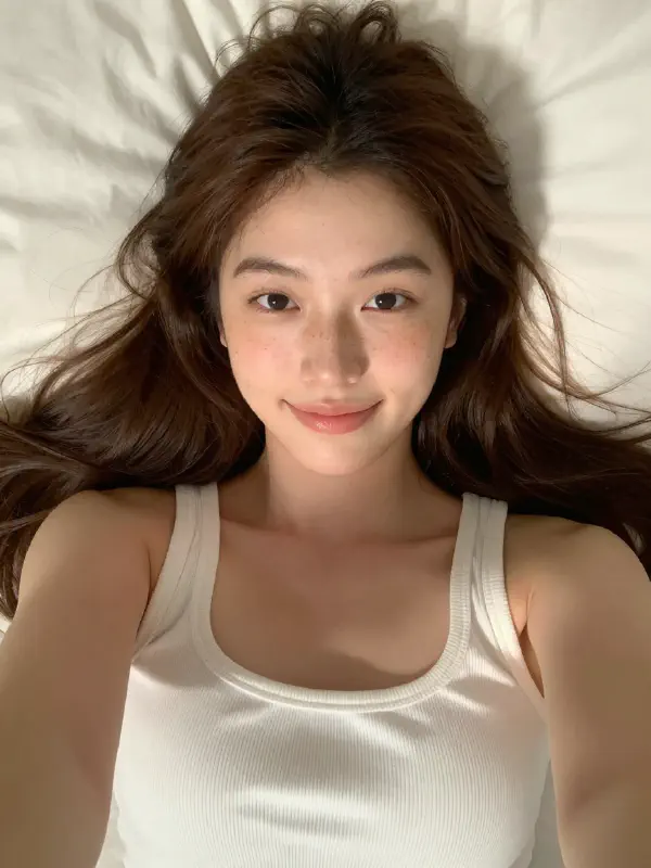 陽光下的床上自拍，年輕女子