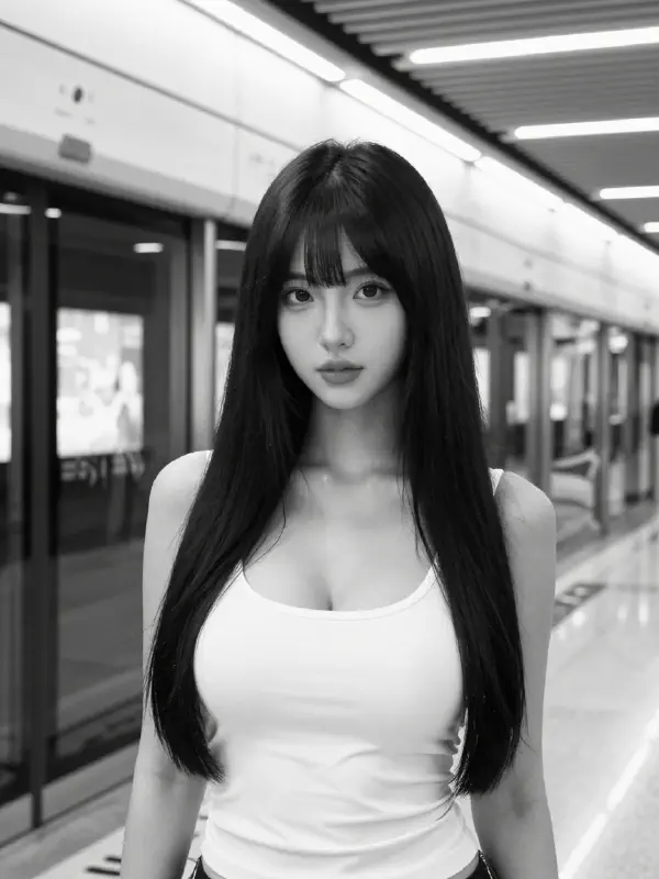 現代地鐵月台上的黑白街頭攝影風女子
