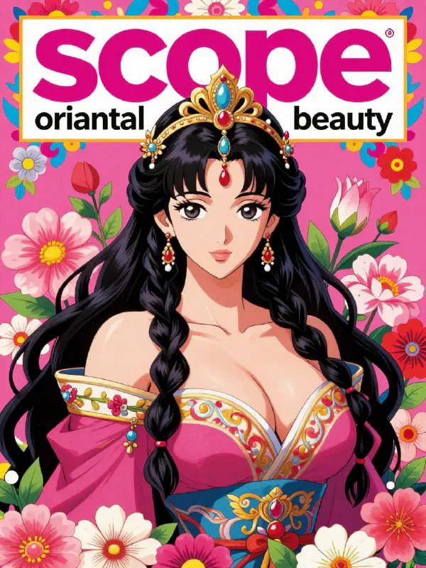 粉色花卉背景前的皇后特寫插畫