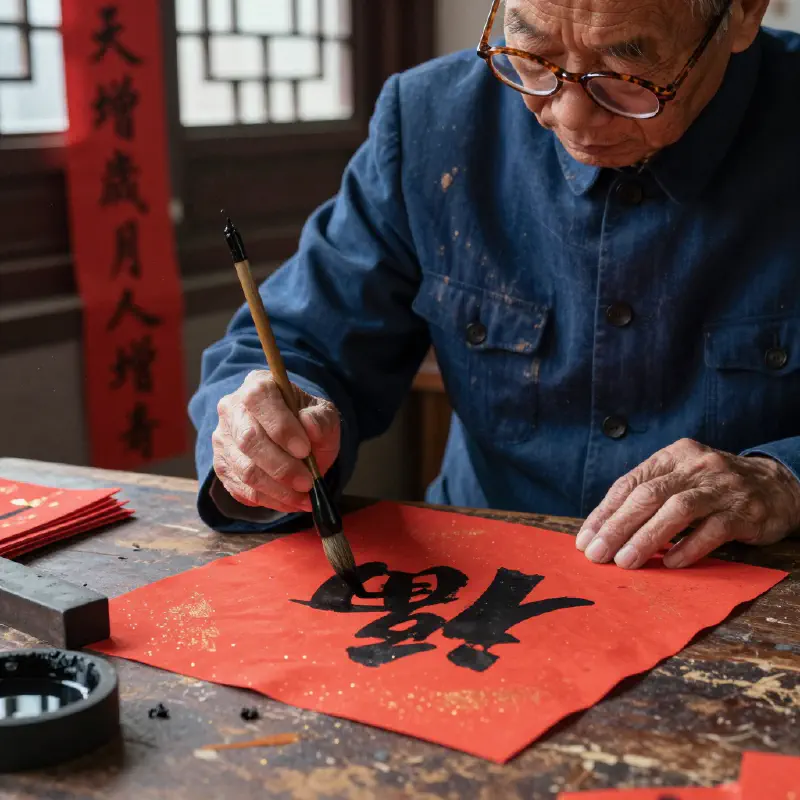 Elderly Calligrapher Writing Spring Couplets in Traditional Setting