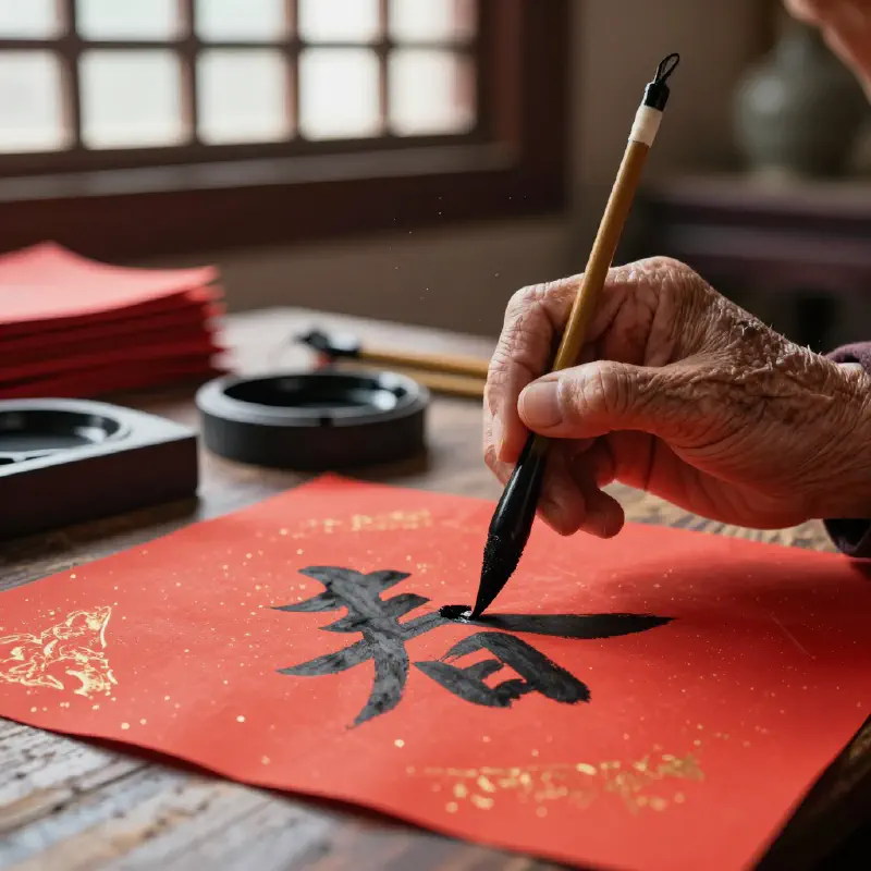 Cinematic Close-Up of Calligrapher Finishing Spring Scroll