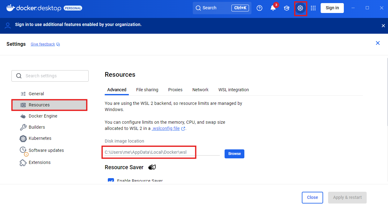 Docker Desktop 的設定中可查看虛擬磁碟實際存放位置