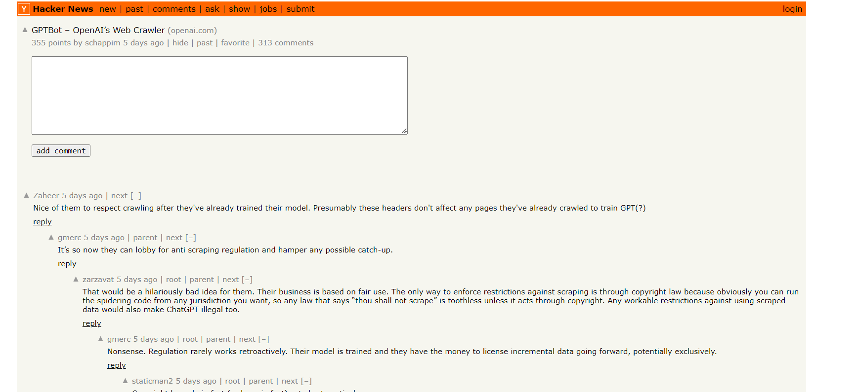 ▲ Hacker News上對GPTBot的討論