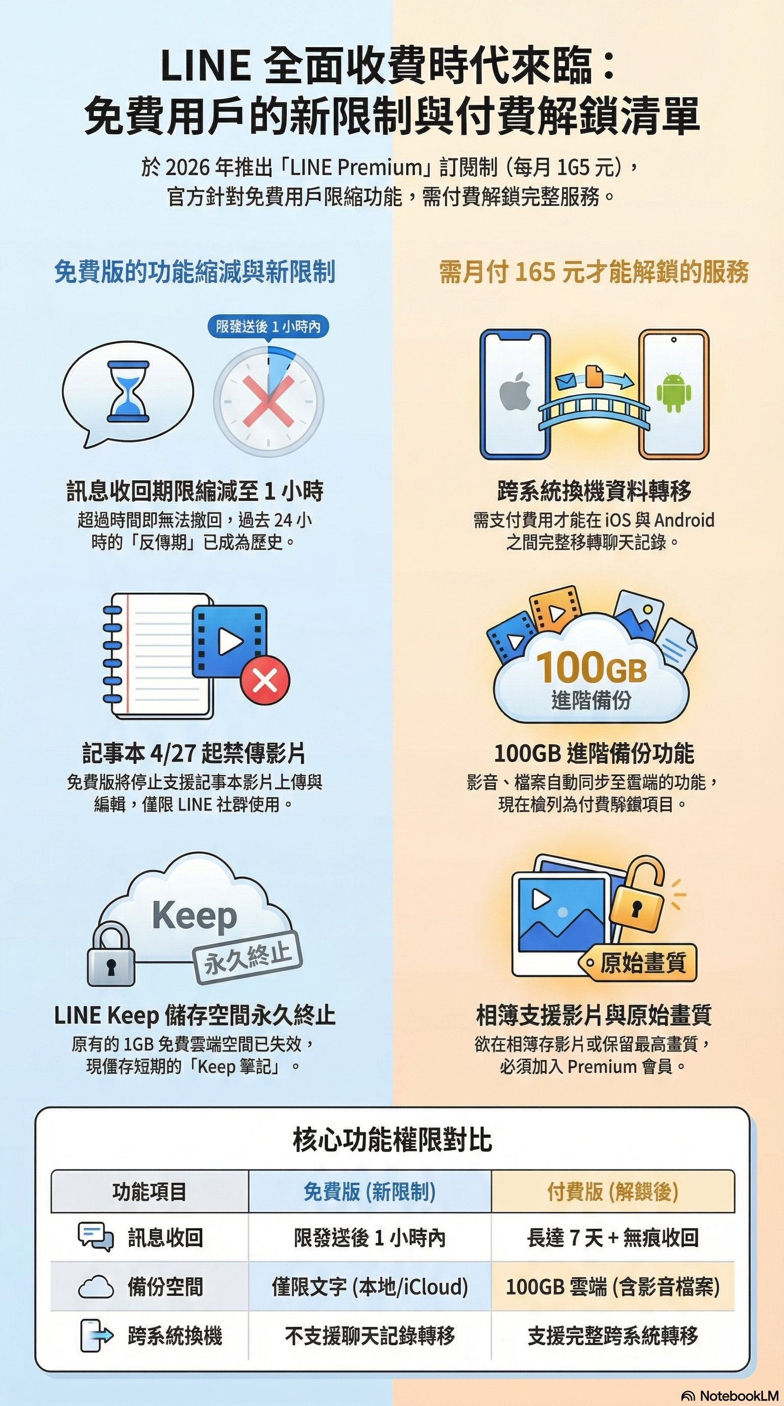 LINE Premium與免費版功能差異統整圖