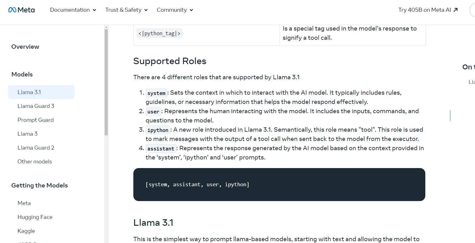 Llama 3.1 新增了 ipython 角色用於工具呼叫後的訊息接收