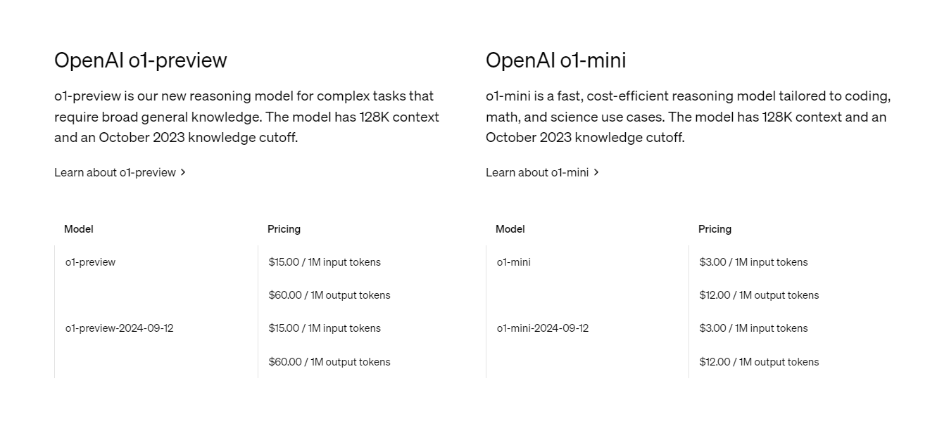 OpenAI o1-preview 與 o1-mini 價格（Source：OpenAI）