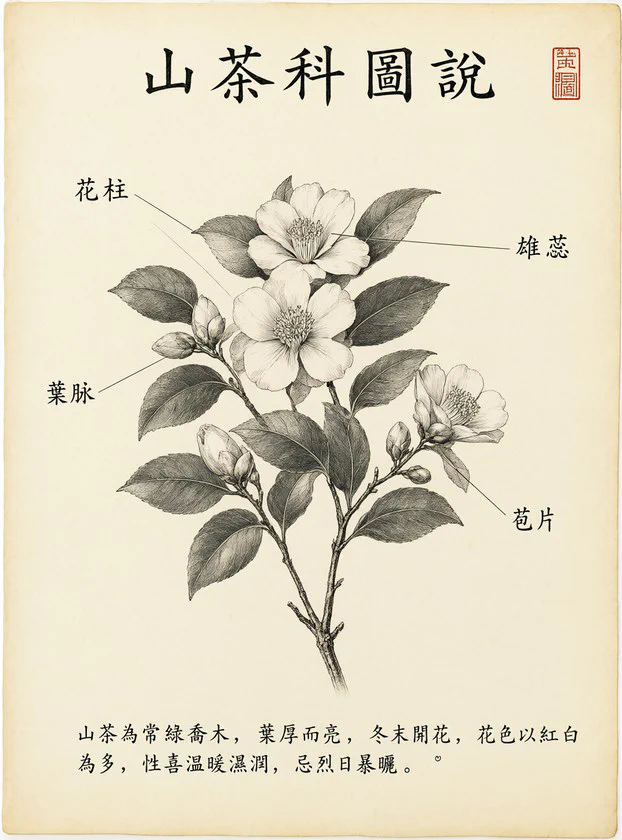 TC1_botanical · 百科圖版·銅版畫（山茶科圖說/花柱雄蕊葉脈苞片+整段山茶描述）