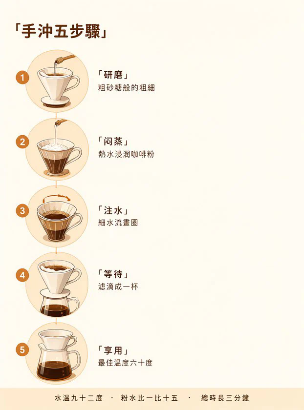 TC2_pourover · 資訊圖·五步流程（手沖五步驟全組）