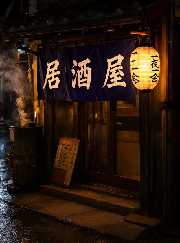 TJ1_izakaya · 毛筆暖簾/燈籠+手寫看板（居酒屋／一夜一会／本日推薦／地酒あり）