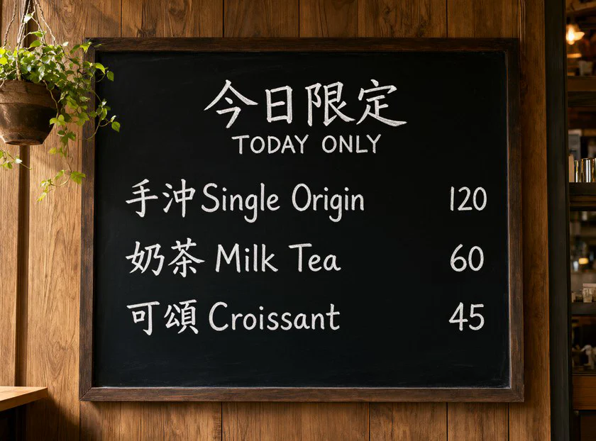 TM1_cafe_menu · chalk手寫（今日限定TODAY ONLY／手沖Single Origin 120／奶茶Milk Tea 60／可頌Croissant 45）